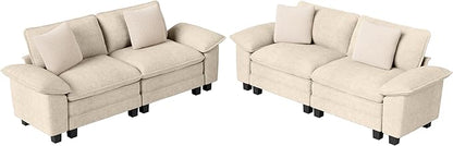 L-Shaped Cloud Modular Sofa Set, 4-Piece Double Loveseat Sectional w/Deep Seat & Removable Arms, Plush Chenille for Living Room - Beige