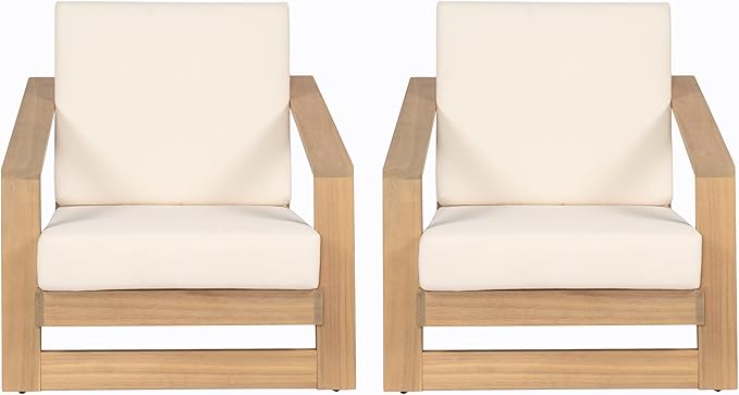 Christopher Knight Home Galio Set of 2 Acacia Wood Lounge Chair Outdoor, Wooden Patio Armchair for Lounging, Patio Furniture Single Sofa Chair Set, Comfy Reading Chair with Cushion, Light Teak+Beige