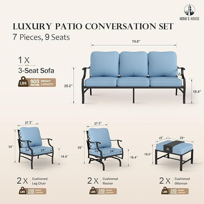 HERA'S HOUSE 7 Piece Outdoor Furniture Set, 2 x Rocking Chair, 2 x Fixed Chair, 2 x Ottoman, 1 x 3-Seat Sofa, All Weather 9 Seats Outdoor Conversation Set for Lawn Garden Backyard, Blue