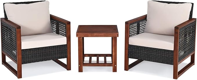 COSTWAY 3 Pieces Wicker Patio Furniture Set, Outdoor Wicker Sofa with Acacia Wood Frame, Coffee Table & Washable Cushions, Rattan Conversation Sets for Yard, Porch, Bistro, Balcony, Backyard, Beige
