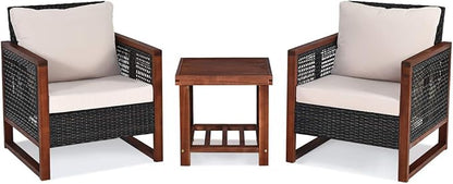COSTWAY 3 Pieces Wicker Patio Furniture Set, Outdoor Wicker Sofa with Acacia Wood Frame, Coffee Table & Washable Cushions, Rattan Conversation Sets for Yard, Porch, Bistro, Balcony, Backyard, Beige