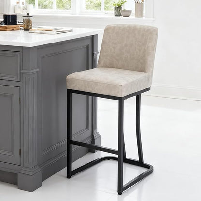 MAISON ARTS Counter Height Bar Stools with Back Set of 2 for Kitchen Counter, 24 Inch Modern Upholstered Faux Leather Barstools Farmhouse Bar Chairs Luxury Island Stools Support 330LBS, Light Grey