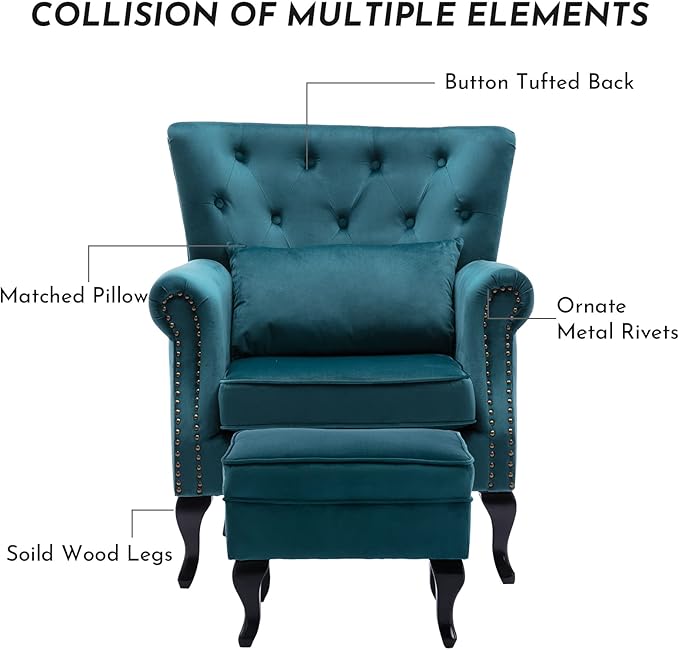Accent Reading Arm Chairs with Ottoman Set of 2 for Living Room Bedroom, Midcentury Modern Corner Sofa Chair, Wingback Waiting Room Club Chair with Tufted Back &Lumbar Pillow, Velvet Teal