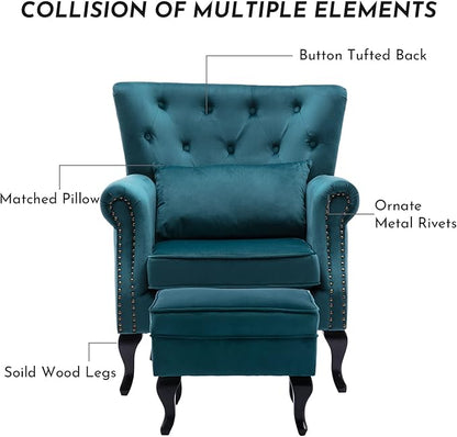 Accent Reading Arm Chairs with Ottoman Set of 2 for Living Room Bedroom, Midcentury Modern Corner Sofa Chair, Wingback Waiting Room Club Chair with Tufted Back &Lumbar Pillow, Velvet Teal