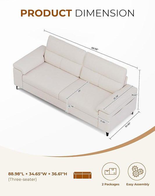 88.97" Modern Couches for Living Room, Deep Seat Sofa with 8”Cushion, Comfy 2-Seater Chenille Loveseat Sofa with Convertible Armrest, Removable Sofa Cover, High Leg (Beige)
