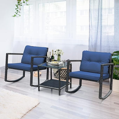 COSTWAY 3 Pieces Patio Rattan Rocking Chair Set, Outdoor Conversation Furniture Sets with Coffee Table, Storage Shelf and Cushions, Modern Bistro Set for Porch, Backyard, Garden, Navy