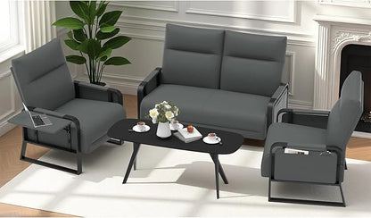 Faux Leather Sectional Couches for Living Room 3 Piece Loveseat and Chair Set with Flip Up Tray Tables Side Pockets Modern Modular Sectional Sofa for Office (2-Seat+1-Seat+1-Seat, Gray)