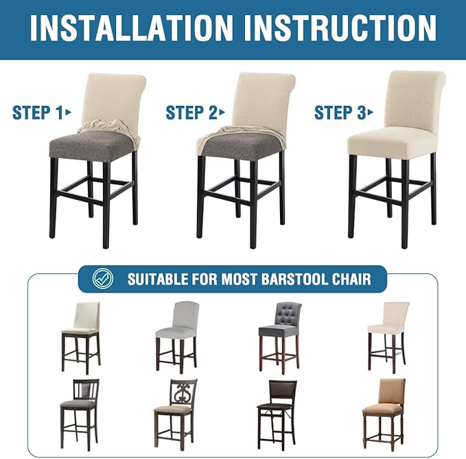 H.VERSAILTEX 100% Waterproof Bar Stool Covers Rectangular Pub Counter Stool Chair Covers Washable Counter Height Stool Seat Covers Jacquard Crizzle Pattern Removable High Chair Cover Set of 4, Ivory