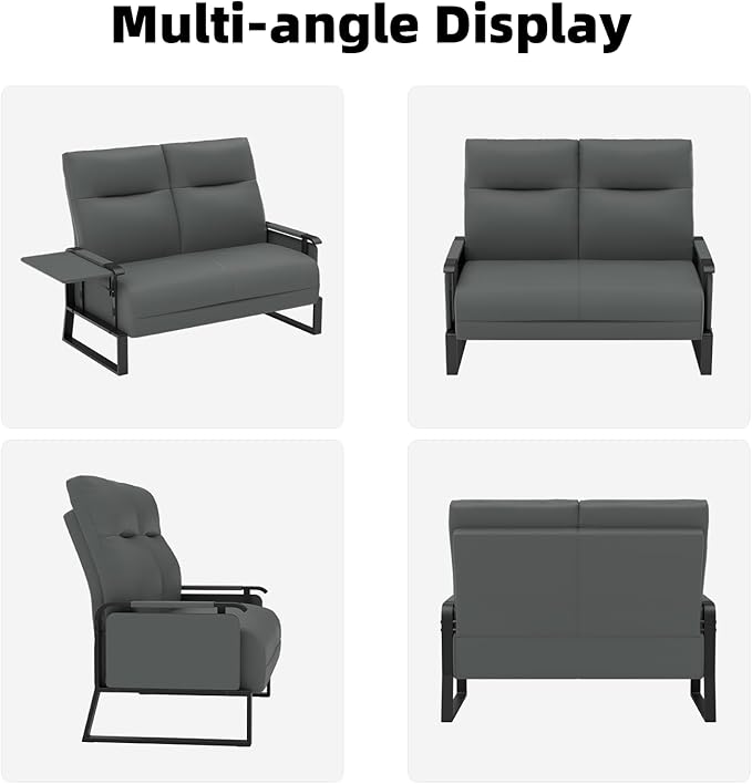 Faux Leather Loveseat, Upholstered Loveseat with Side Tray Table & Storage Pocket, Small Loveseat for Living Room, Modern 2 Seater Sofa Couch for Small Spaces, Bedroom, Gray