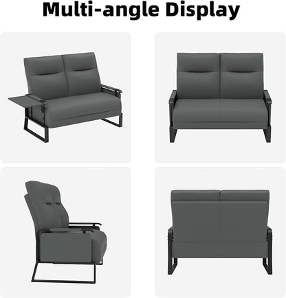 Faux Leather Loveseat, Upholstered Loveseat with Side Tray Table & Storage Pocket, Small Loveseat for Living Room, Modern 2 Seater Sofa Couch for Small Spaces, Bedroom, Gray