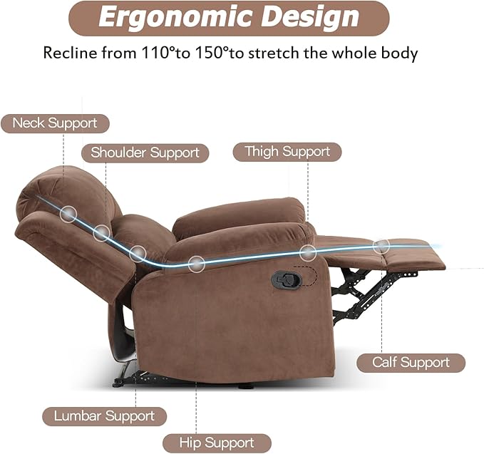 CANMOV Manual Recliner Chair Set of 2, Soft Fabric Overstuffed Recliner Single Sofa Chair for Living Room Bedroom, Heavy Duty and Safety Reclining Mechanism, Light Brown