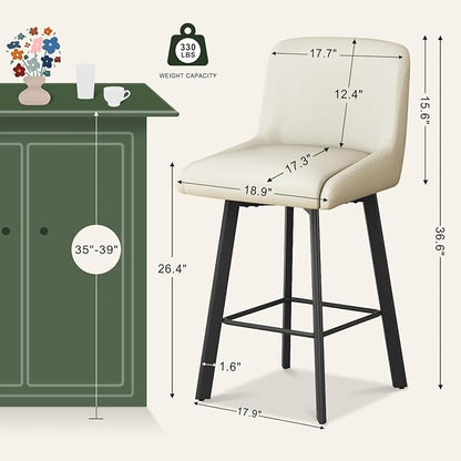 Swivel Bar Stools, 26''H Upholstered Barstools with Backs, Modern Counter Height Bar Stool Chairs for Kitchen Island, Metal Legs (Beige- Faux Leather, Set of 2-26" H)