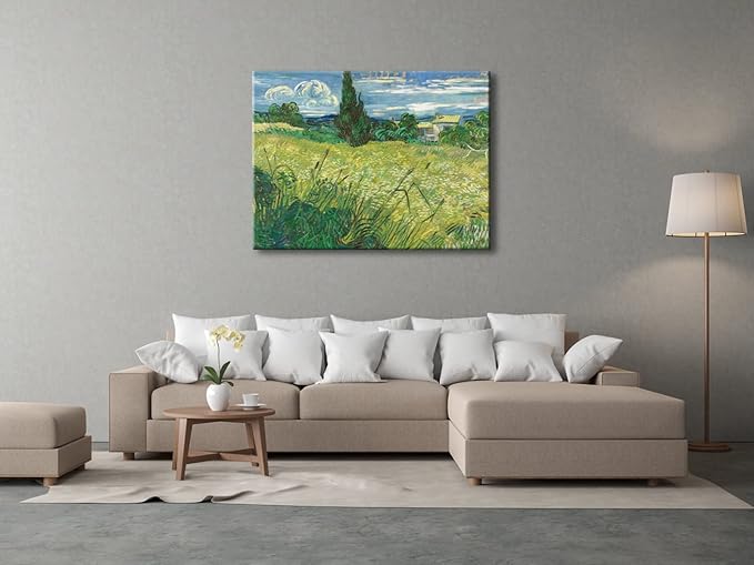 Wieco Art Abstract Large Canvas Wall Art Prints Green Field 1889 by Van Gogh Famous Oil Paintings Reproduction Artwork Stretched Landscape Picture for Home Decor Office Decoration