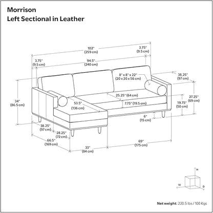 SIMPLIHOME Morrison Left Sectional Sofa in Full-Grain Genuine Leather, Caramel Brown, 102-inches Wide, L-Shaped Leather Couch with Left Chaise for The Living Room and Family Room
