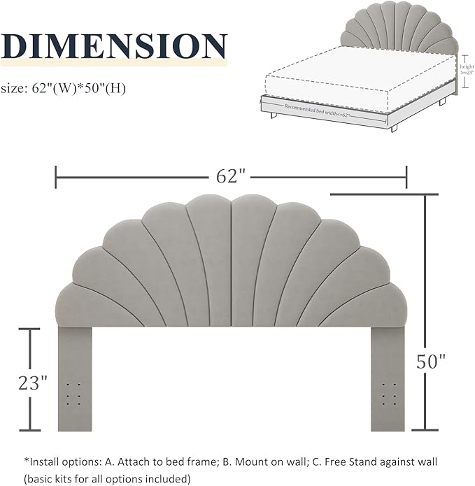 Queen Size Headboard Only, Petal Wall Mount Headboard Queen/Full Size for Adjustable Bed Velvet Upholstered Head Board Easy Assembly, Gray