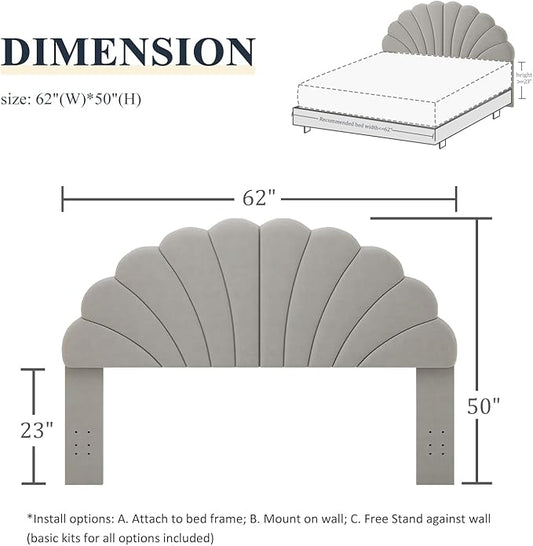 Queen Size Headboard Only, Petal Wall Mount Headboard Queen/Full Size for Adjustable Bed Velvet Upholstered Head Board Easy Assembly, Gray