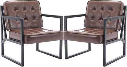 COLAMY Mid Century Modern Accent Chair Set of 2, Comfy Living Room Chair, Brown Leather Accent Chair, Faux Leather Reception Armchair with Metal Legs for Living Room Bedroom Reception Office, Brown