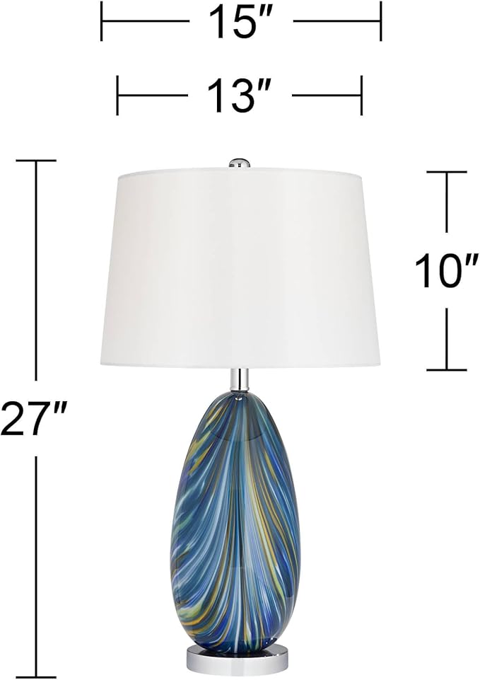 Possini Euro Design Pablo Modern Style 3-Way Table Lamp with Table Top Dimmer 27" Tall Multi Color Blue Art Glass Fabric Drum Shade for Living Room Bedroom Bedside Nightstand Home (Color May Vary)