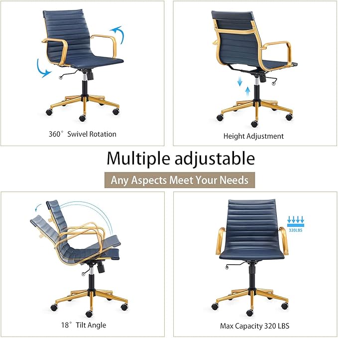 COROCC Office Desk Chair Modern Conference Room Task Chairs Leather Computer Swivel Excutive Ribbed Ergonomic Rolling Gold Desk Chair for Home Office