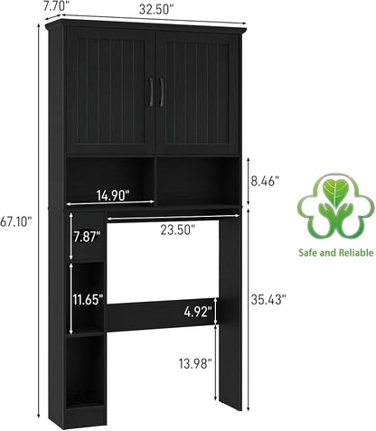 Over The Toilet Storage Cabinet, Farmhouse Storage Cabinet Over Toilet with Barn Door& Toilet Paper Holder Stand，Home Space-Saving Toilet Rack, for Bathroom, Restroom, Laundry.Pure Black