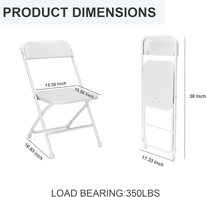 50 Pack Folding Chairs, Heavy Duty White Plastic Stackable Event Chairs for Indoor Outdoor, 350lb Capacity Portable Commercial Banquet Chairs for Wedding, Party, Office