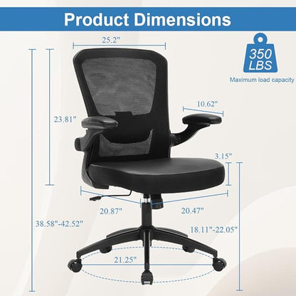 Ergonomic Office Chair 400lbs PU Leather Mesh Desk Chair with Lumbar Support, Flip-Up Arms, Swivel Wheels, Adjustable Height, Rolling Executive Computer Task Chair for Home Office,Black