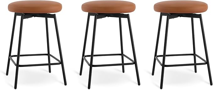Swivel Bar Stools Set of 3, 24" Counter Height Bar Stool, Backless Barstools with Faux Leather Upholstered Seat&Sturdy Wood Legs for Kitchen Island, Brown