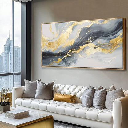 SDYA Wall Art for Living Room Abstract Wall Art Blue and White Pictures Canvas Wall Art 48x24 Inch Gold Wall Decor Line Artwork Home Office Decor