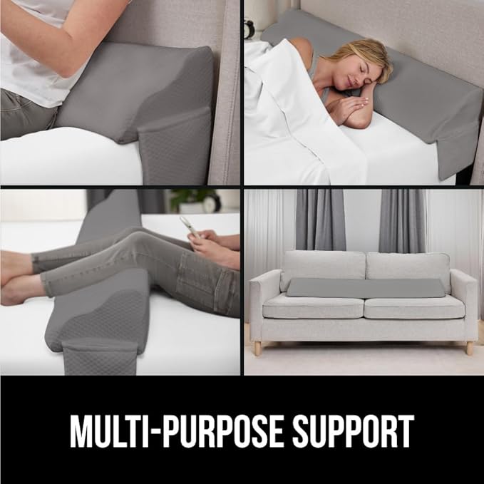 GORILLA GRIP Patent Pending Bed Wedge Pillow Headboard Gap Filler, US Designed, Comfortable Supportive High Density Foam Pillows, Stay in Place Gripping Dots, Wedges Between Mattress, Full Size Gray