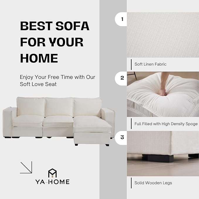 Modern Sectional Sofa for Living Room, Upholstered 3-Seater Modular Couches Linen Fabric L-Shaped Sofa with Ottoman for Home Furniture, White