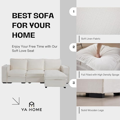 Modern Sectional Sofa for Living Room, Upholstered 3-Seater Modular Couches Linen Fabric L-Shaped Sofa with Ottoman for Home Furniture, White