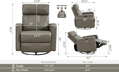 Genuine Leather Power Swivel Recliner Chair, Glider Electric Rocking Chair for Adults. Nursery Rocker Sofa Chair with Adjustable Headrest for Living Room. Wireless Charging/Type-C&USB, Grey