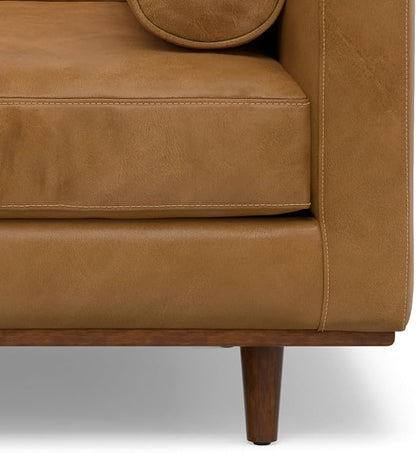 SIMPLIHOME Morrison Accent Chair - 43 inch Wide Upholstered Top Grain Genuine Leather Mid-Century Modern Arm Chair with Solid Wood Frame in Sienna, for Living Room or Bedroom with 2 Bolster Pillows