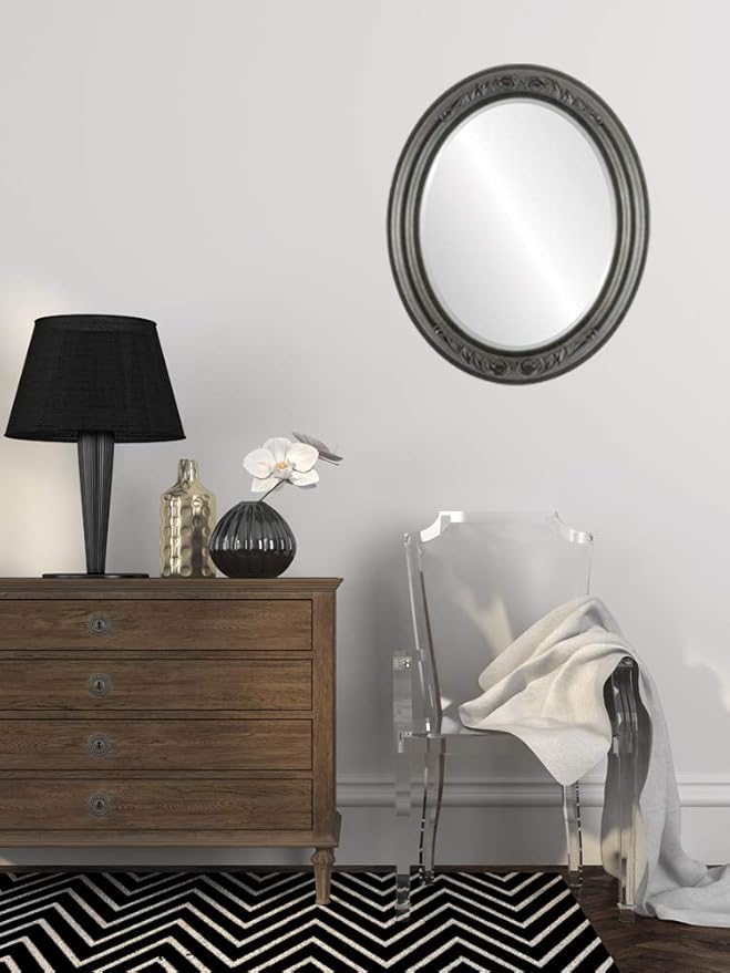 OVALCREST Oval Beveled Wall Mirror for Home Decor - Florence Style - Black Silver - 34" x 24"