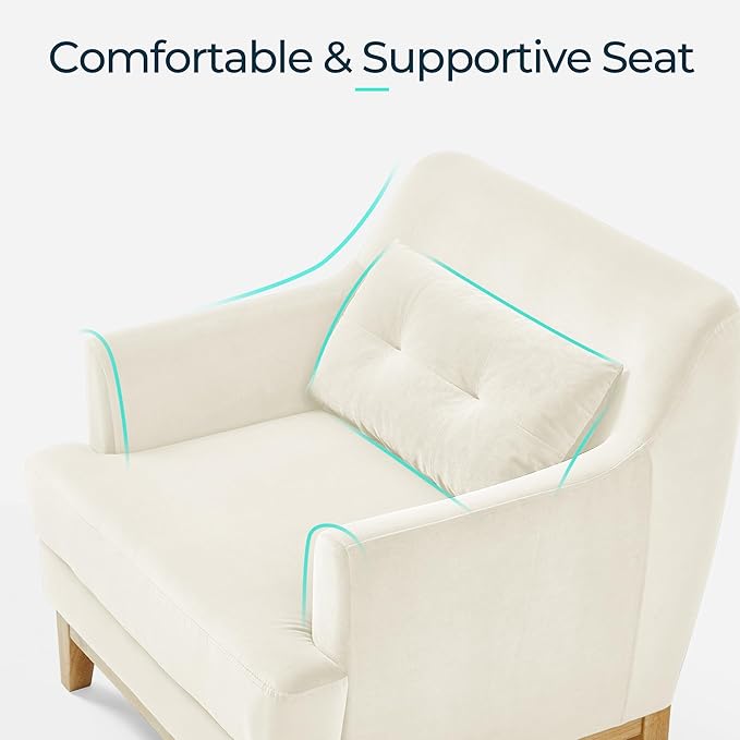 LINSY Accent Chair, Large Reading Chair with Rubberwood Base, Mid Century Modern Armchair with Lumbar Pillow, Cozy Single Sofa Chair for Living Room Bedroom Office Study, Velvet Arm Chair, Beige