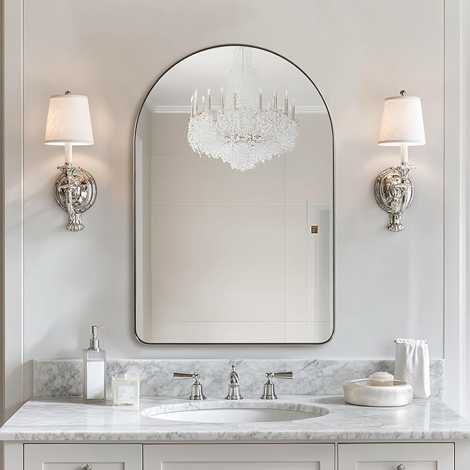 ANDY STAR Arched Mirror, 24" x 38" Brushed Nickle Bathroom Mirror in Stainless Steel Metal Frame, Arch Top Rounded Corner 1" Deep Set Design Wall Mount Hangs Vertical