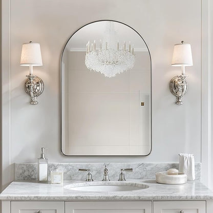 ANDY STAR Arched Mirror, 24" x 38" Brushed Nickle Bathroom Mirror in Stainless Steel Metal Frame, Arch Top Rounded Corner 1" Deep Set Design Wall Mount Hangs Vertical