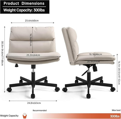 EMIAH Armless Office Desks Chair with Wheels PU-Padded Vanity Chair Mid-Back Ergonomic Home Office Computer Chair Comfortable Adjustable Swivel Task Chair with Thickened Cushion