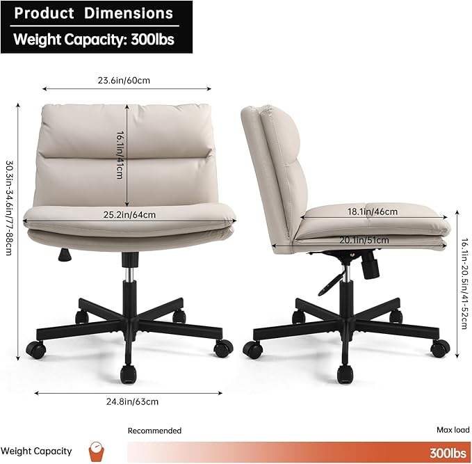 EMIAH Armless Office Desk Chairs Criss Cross Chair with Wheels Mid-Back Ergonomic Home Office Computer Chair Comfortable Thickened Cushion Adjustable Swivel Task Chair with Genuine Leather