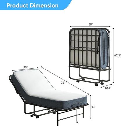 Mjkone Folding Bed with Mattress, 5 Inch Rollaway Bed for Adults, Fold Up Beds with Lockable Wheels, Sturdy Metal Fold Away Frame for Bedroom/Guest, Space Saving（75" x 38"）