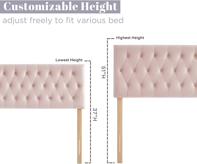 Kingfun Tufted Upholstered Queen Size Bed Headboard in Modern Button Design, Adjustable Solid Wood Head Board, Premium Velvet Fabric Padded Headboards in Bedroom (Pink)