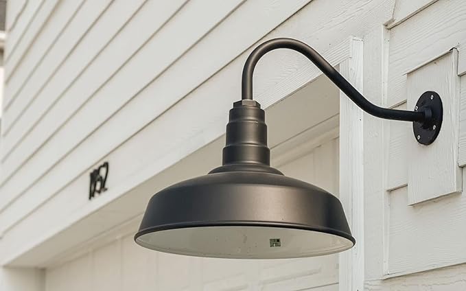 Steel Lighting Co. Gardena Barn Light | Outdoor Wall Mounted | 16" Dome | Upslope Gooseneck | Farmhouse Light Made in America | White Exterior/White Interior