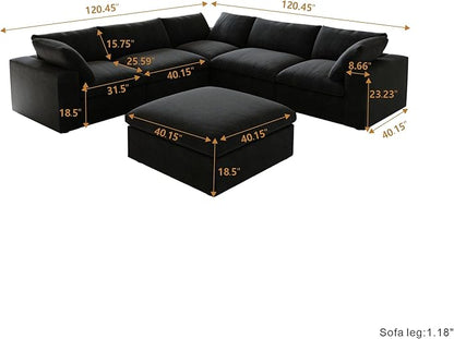 Cloud Couch Modular Sectional Sofa with Storage Ottomans,160.6" Down Filled 6 Seater Convertible Sectional Sofas,V Shaped Black Couch for Living Room,Covers Washable&Replaceable