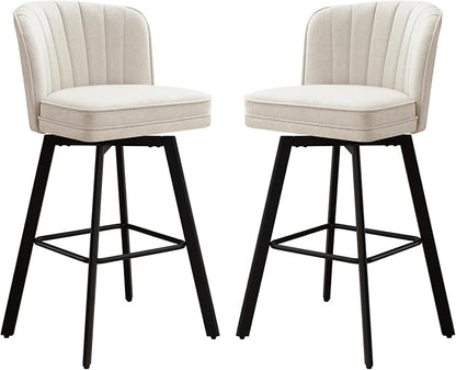 Swivel Counter Height Bar Stools Set of 2, 30'' Modern Barstools with Backs and Metal Legs, Upholstered Bar Chairs, Beige, Fabric Stools for Kitchen Island Chairs