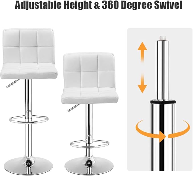 COSTWAY Bar Stools Set of 2, Modern Swivel Adjustable Height PU Leather Barstools with Back, Square Armless Counter Height 2-Pack Bar Chair for Kitchen Island Dining Living Bistro Pub Counter, White