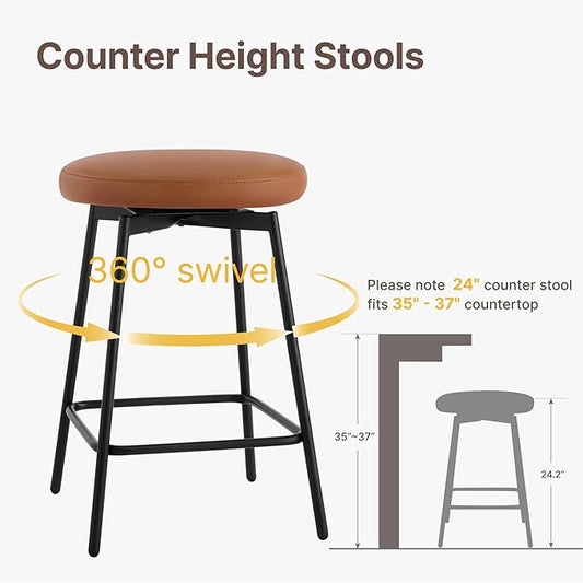 Swivel Bar Stools Set of 4, 24" Counter Height Bar Stool, Backless Barstools with Faux Leather Upholstered Seat&Sturdy Wood Legs for Kitchen Island, Brown