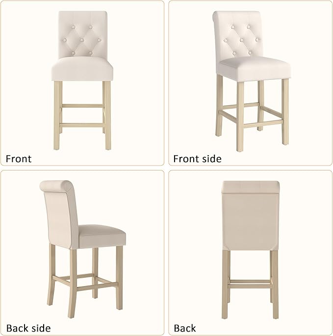 GOTMINSI 24" Bar Stools Set of 4 for Kitchen Island Upholstered Counter Height Bar Stools with Button Tufted Decoration Barstools Home Kitchen Island Wooden Bar Chairs Beige