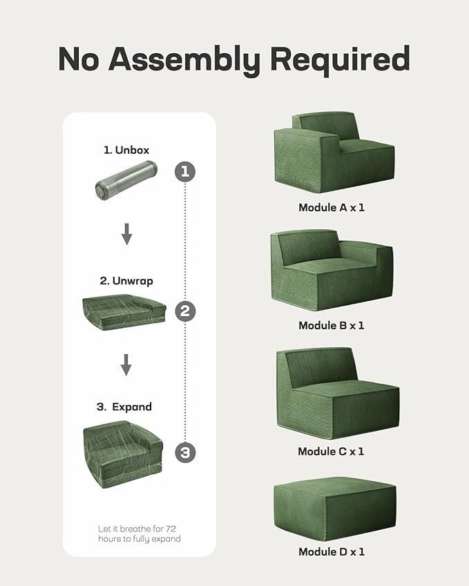 Marsail Modular Sectional Sofa, 111" L-Shaped Cloud Boneless Sectional Couch with Deep Seat, Freely Combinable Modern Sofa for Living Room, No Assembly, Plush Corduroy Fabric, Green