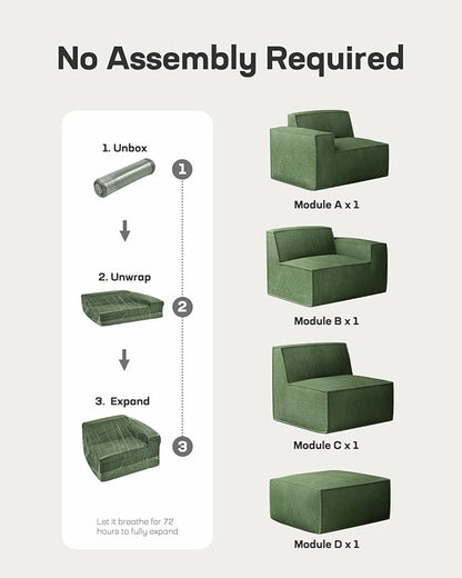 Marsail Modular Sectional Sofa, 111" L-Shaped Cloud Boneless Sectional Couch with Deep Seat, Freely Combinable Modern Sofa for Living Room, No Assembly, Plush Corduroy Fabric, Green