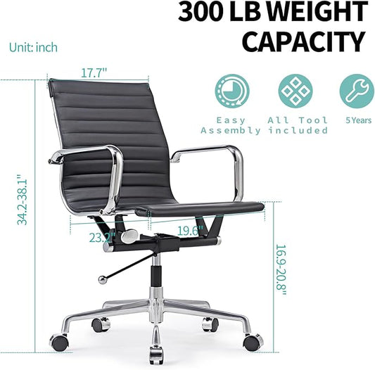 Deluxe Black Office Chair, Mid Back Computer Chair, Vegan Leather Desk Chair, Ergonomic Office Chair for Extra Back & Lumbar Support -Black